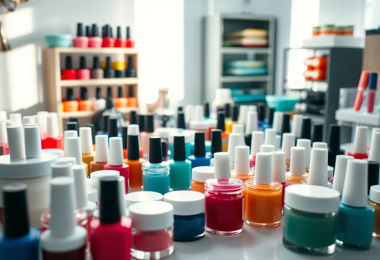 Bureau bien rangé avec des pots de vernis et de gel colorés pour les soins des ongles au salon Nails Perfect