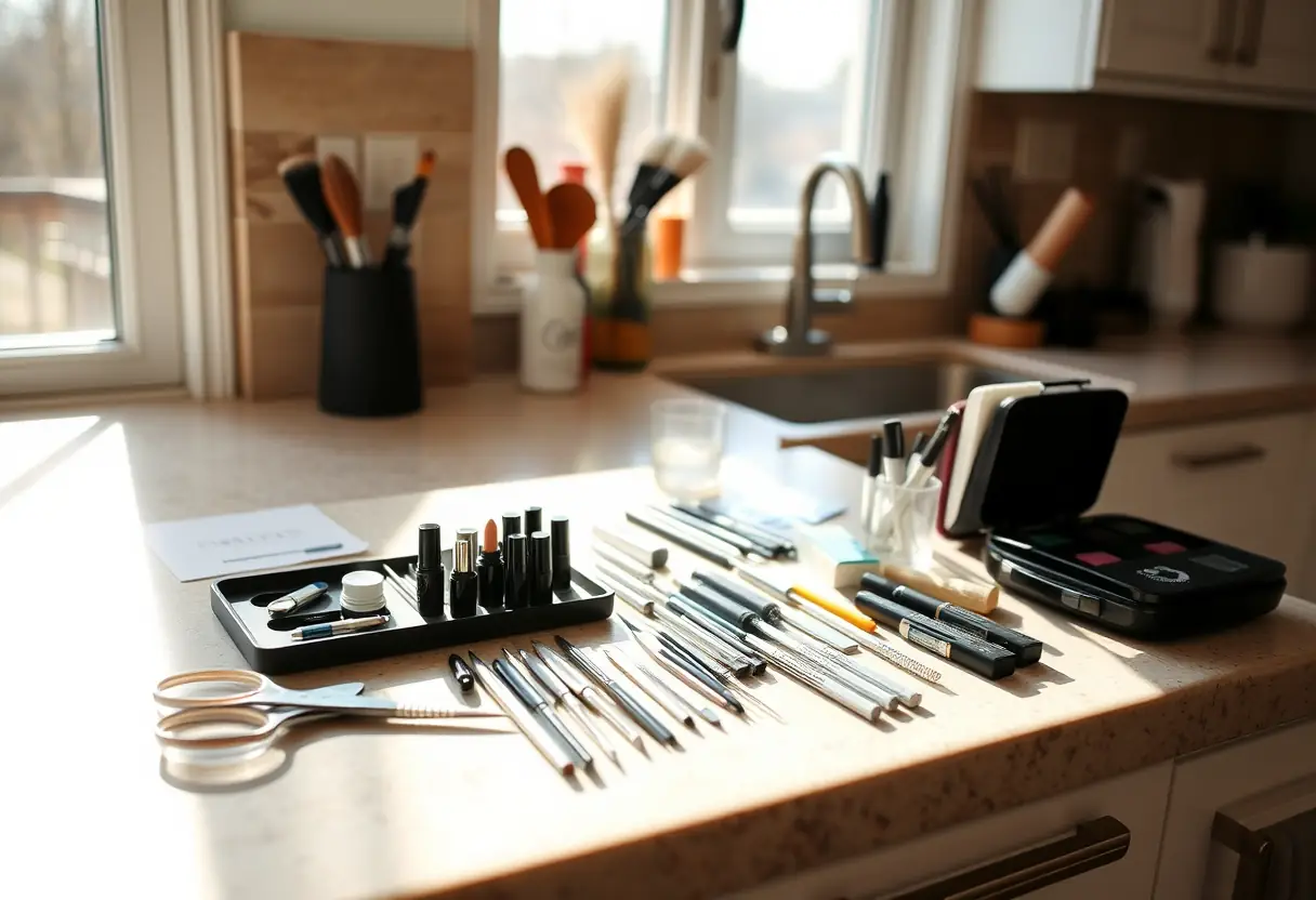 Un coffre à soins des ongles sur un plan de cuisine, lumière naturelle