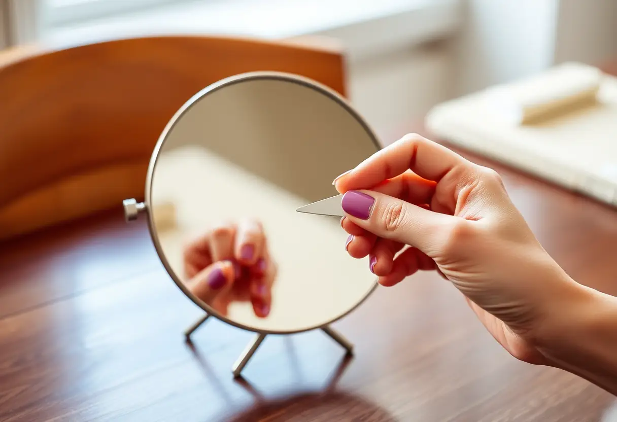 Une main tenant un lime à ongles devant un petit miroir sur une table à manger, soins des ongles à domicile