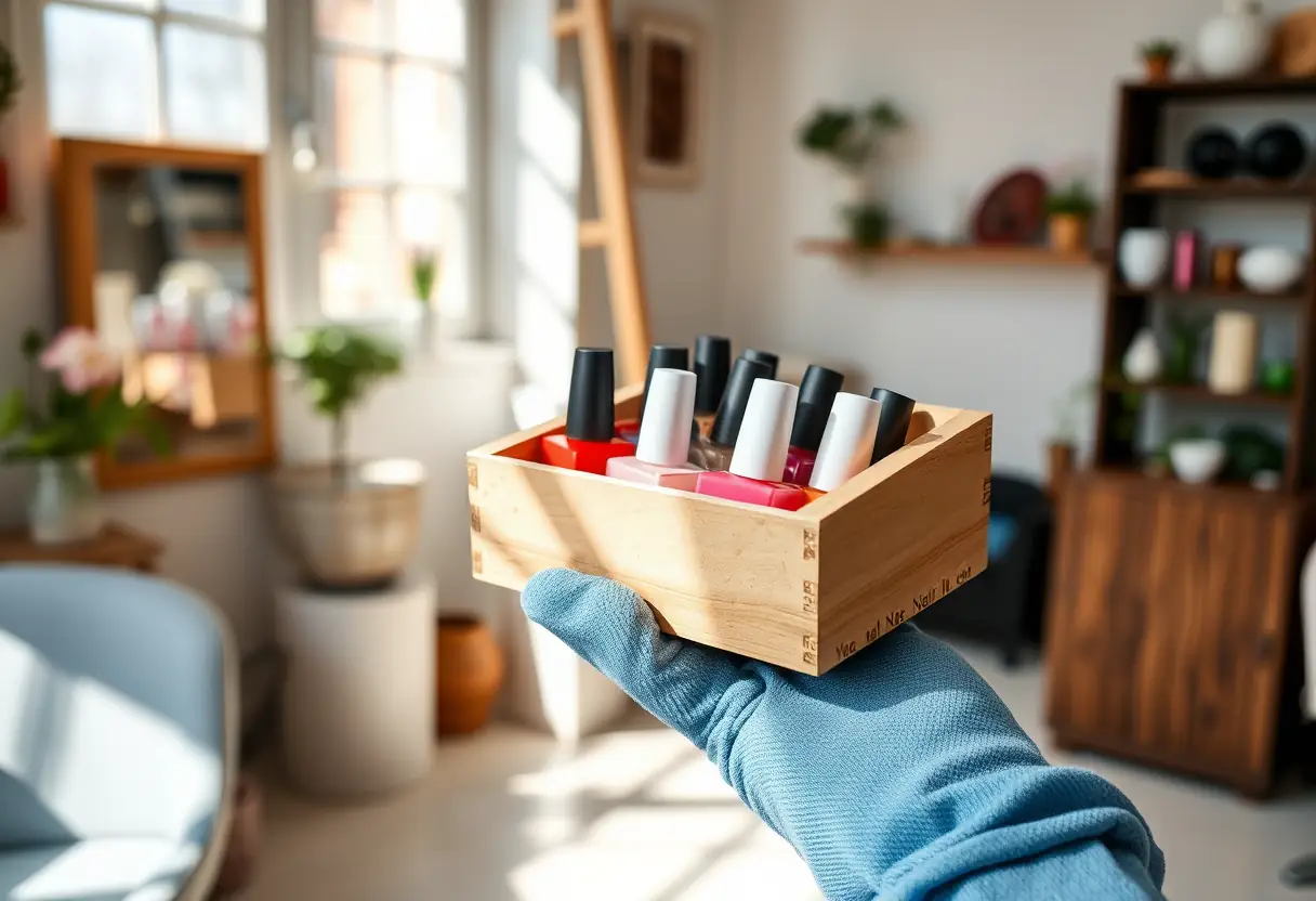 Une main tenant une petite boîte en bois remplie de vernis à ongles dans un salon de manucure chaleureux