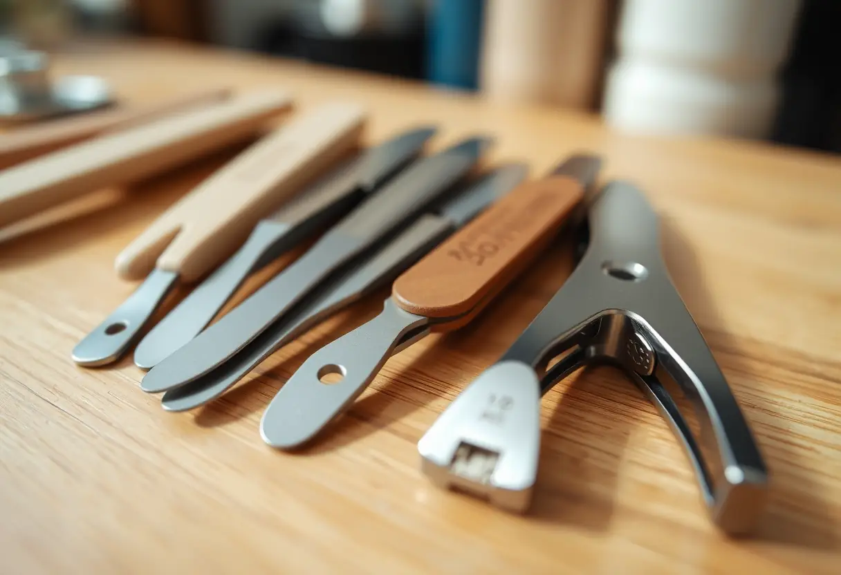 Outils de manucure bien rangés sur un comptoir de bois