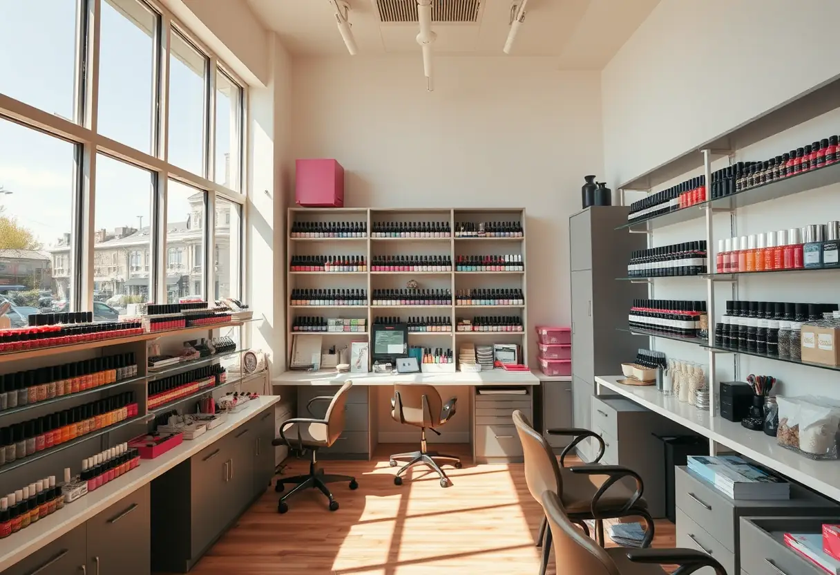 Salon de manucure bien organisé avec étagères pleines de vernis et outils, la lumière naturelle inonde l'espace