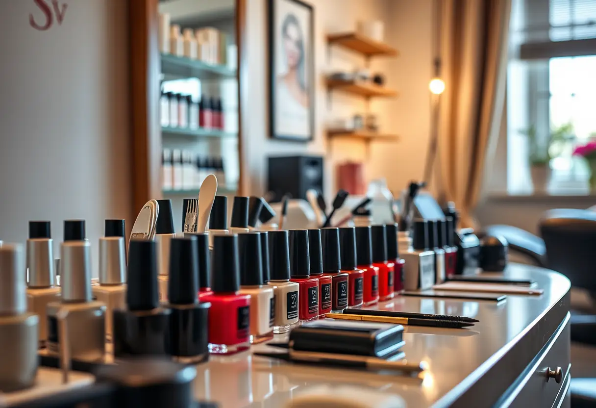 Un comptoir bien rangé dans un salon de coiffure, avec des bouteilles de vernis et des outils noires et blanches