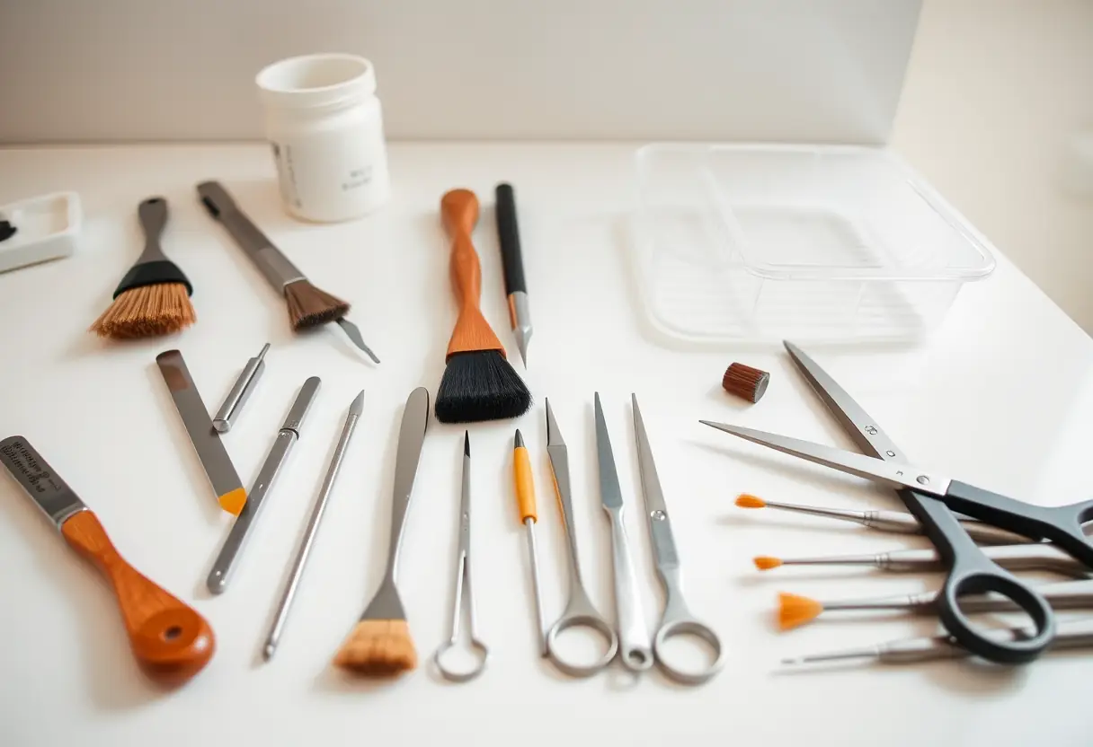 Outils de prothésiste ongulaire disposés sur un comptoir blanc, prêts pour des soins de qualité au salon Nails Perfect
