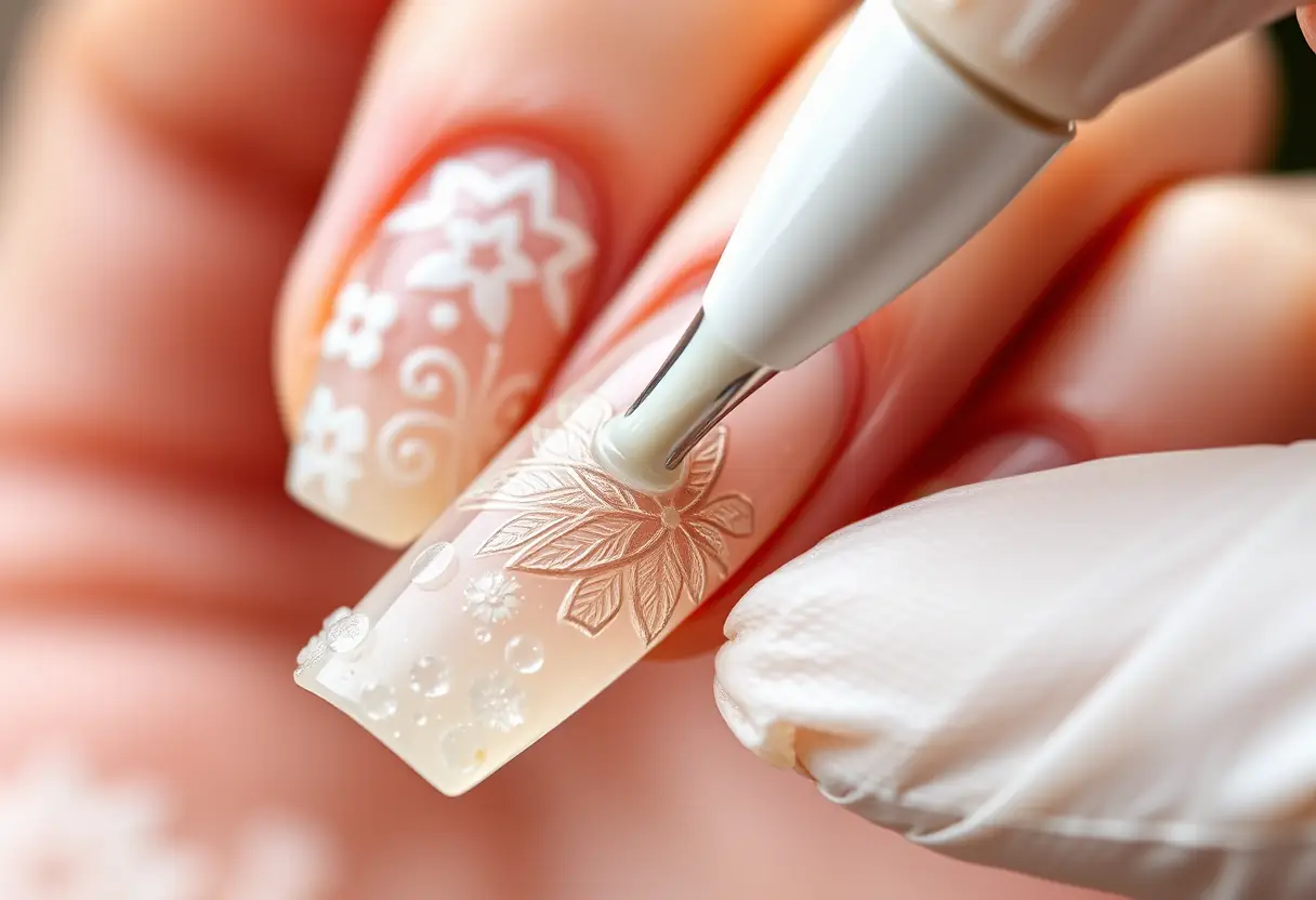 Un détail d'un ongle sculpté avec des motifs fins, main gantée appliquant une couche de polissage, ongles et beauté