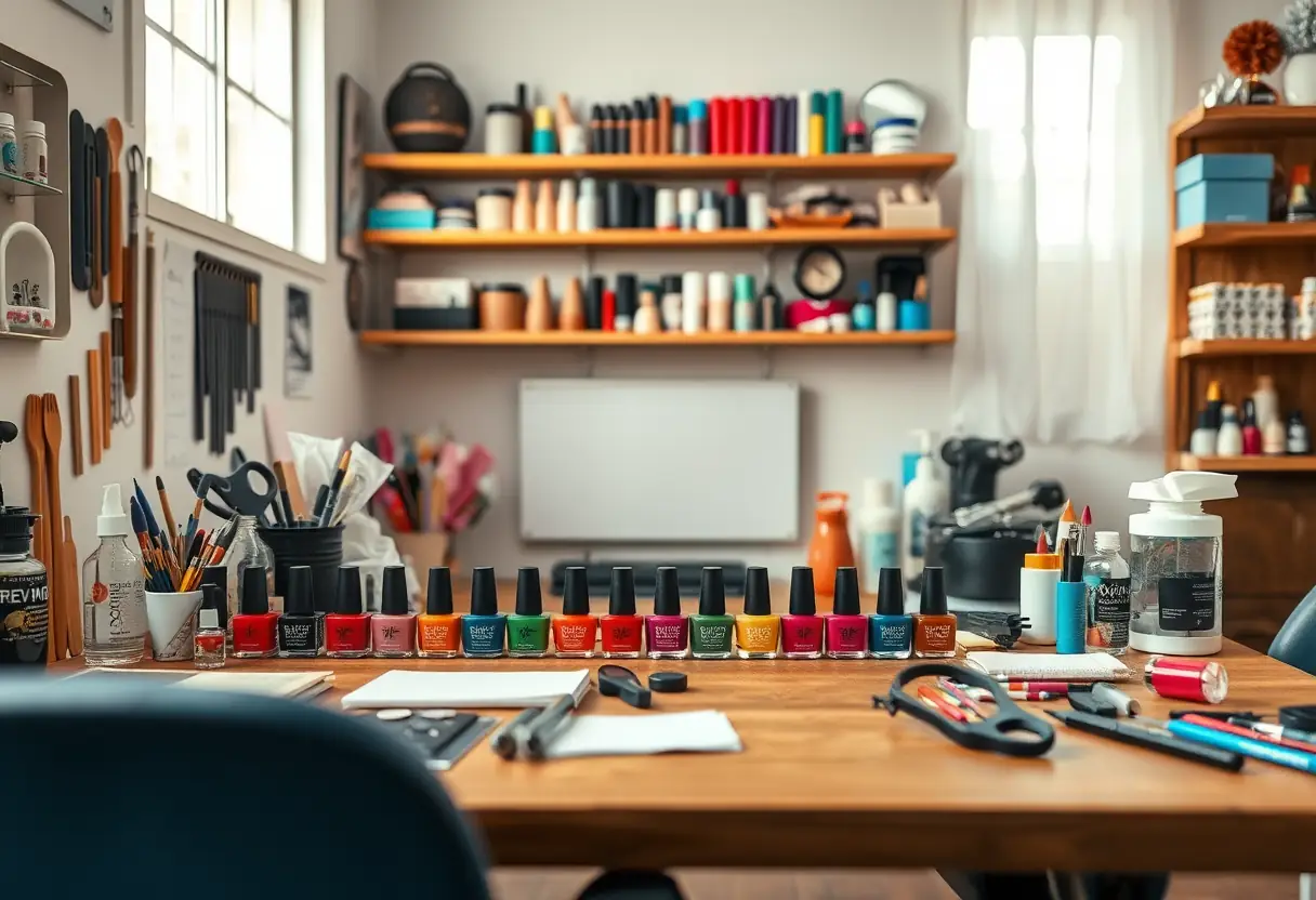 Vue d'ensemble d'un espace de travail bien éclairé avec des outils et matériaux pour l'art des ongles, ongles et beauté