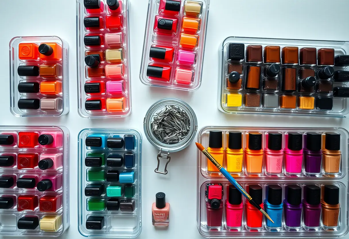 Tableau organisé avec pots de vernis colorés et outils de prothésiste ongulaire, ongles et beauté