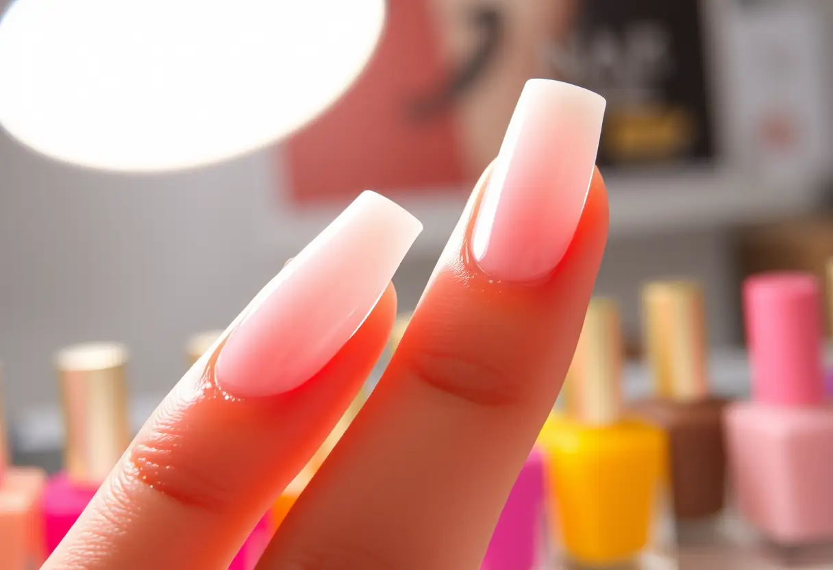 Ongle acrylique poli avec des bouteilles de vernis derrière