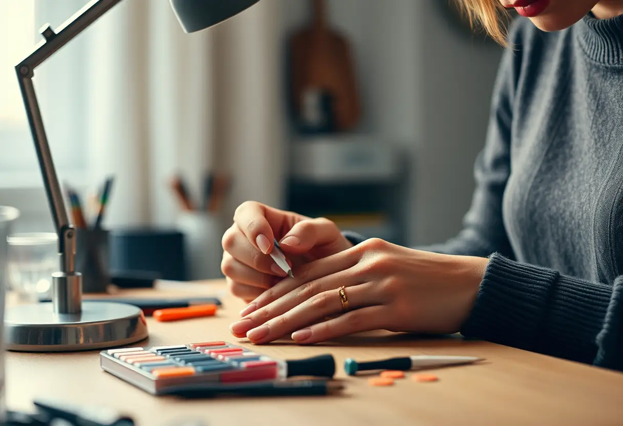 Des mains féminines façonnent délicatement des ongles artificiels dans un atelier douillet