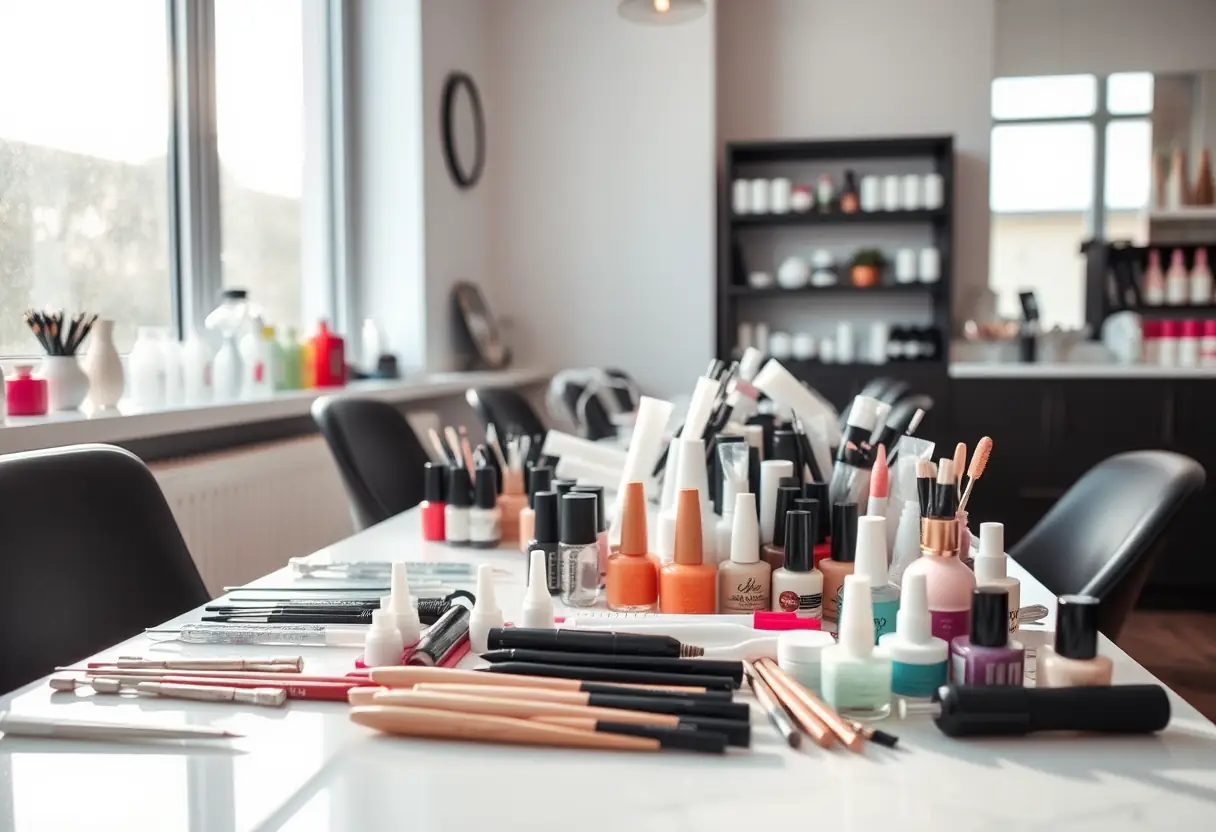 Un bureau bien rangé avec divers outils de manucure et gels sous la lumière du matin dans un salon professionnel