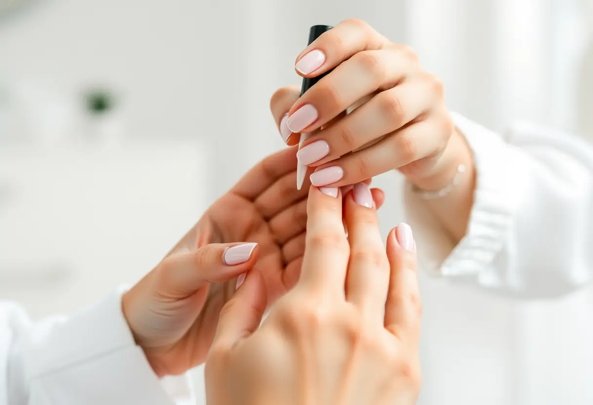 Des mains appliquant délicatement du gel sur les ongles, dans le cadre d'une manucure soignée