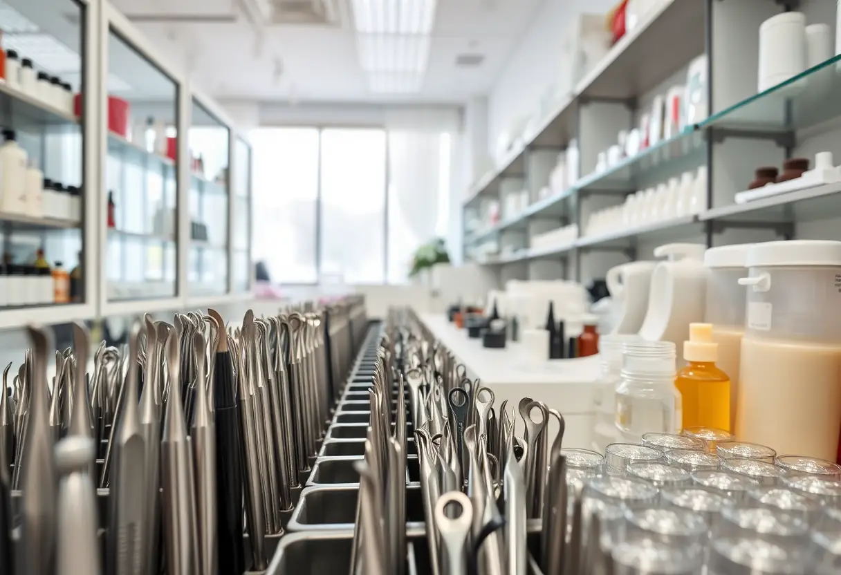 Un salon bien organisé avec des rangées d'outils et produits de manucure, soulignant l'hygiène et la professionnalisme