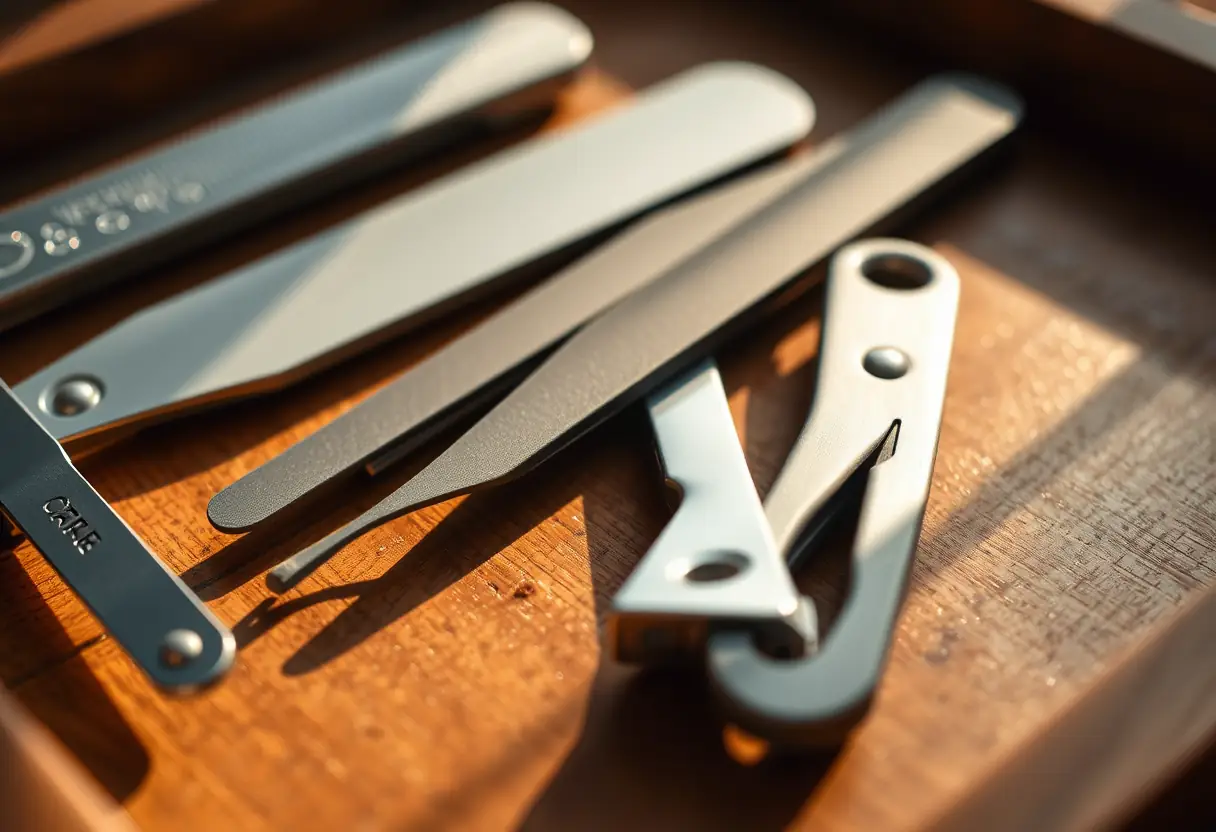 Outils de manucure bien ordonnés sur un plateau de bois, éclairés naturellement