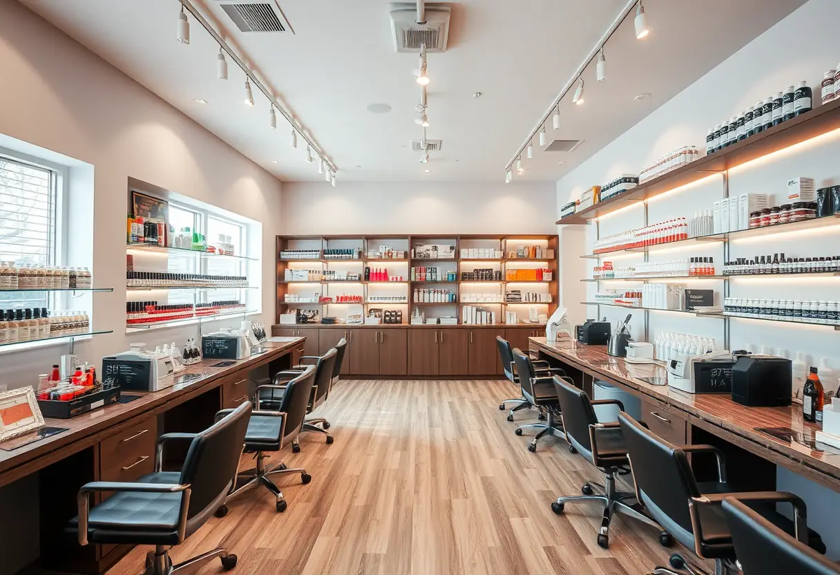 Intérieur d'un salon d'ongles organisé, éclairé doucement, avec des stations de travail et des étagères remplies de produits de soins des ongles