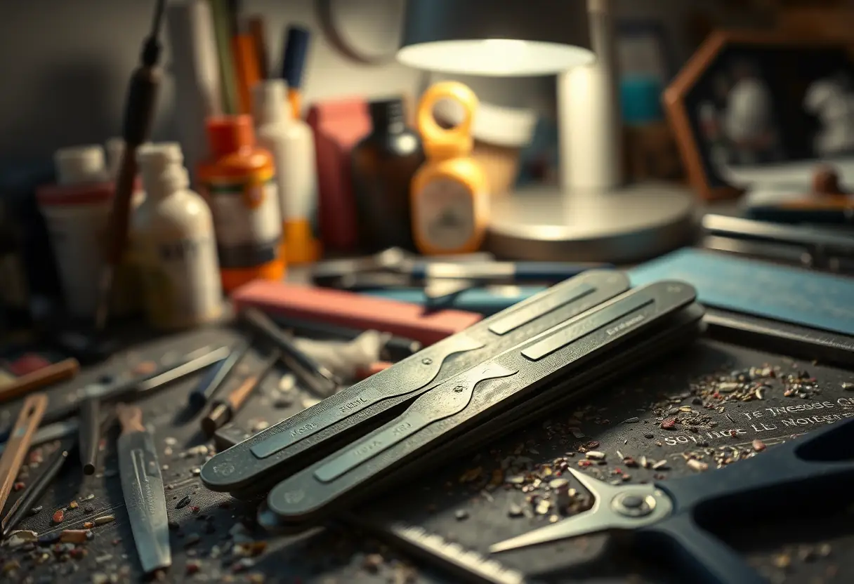 Ensemble de files pour ongles usagées sur un bureau encombré, éclairé doucement