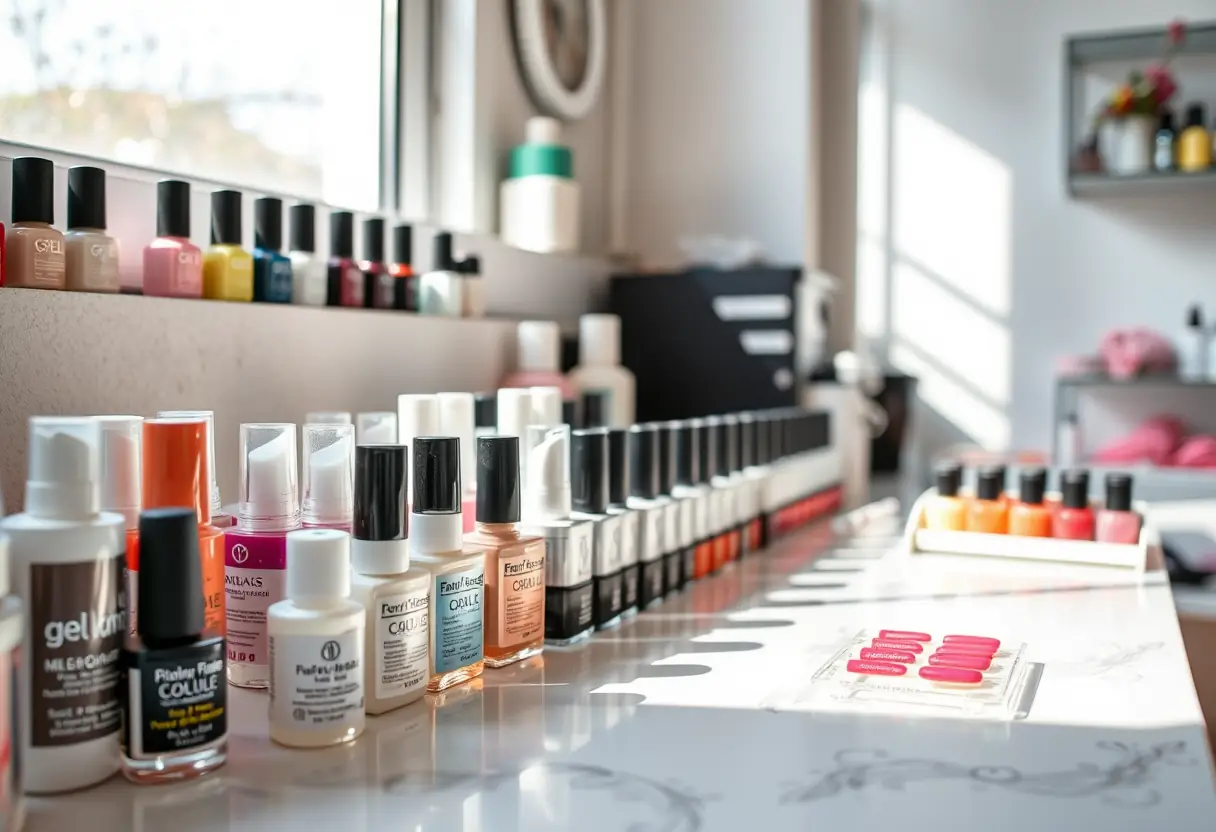 Des bouteilles de gel et des polishes à ongles colorés sur un comptoir bien rangé dans un salon de manucure