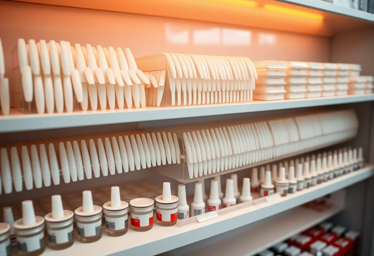 Étagères organisées présentant des ongles en acrylique et des petits récipients de colle à ongles dans un salon professionnel