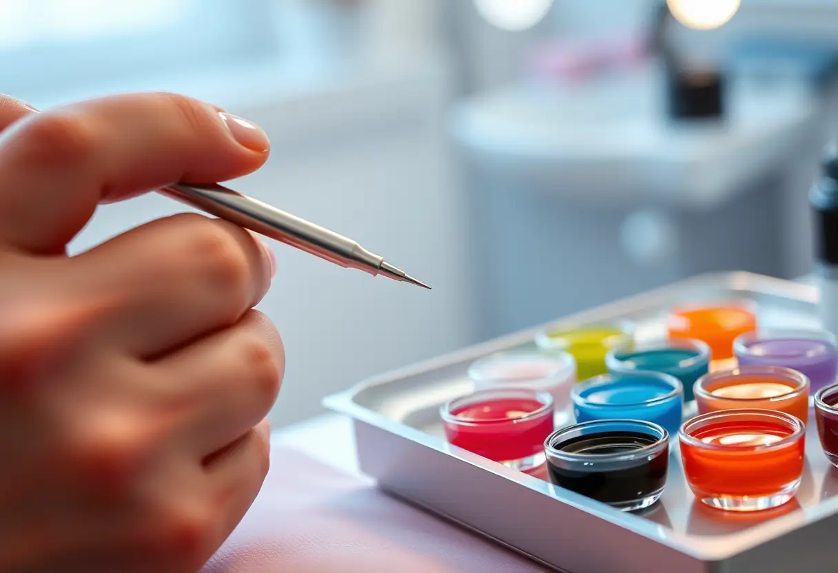 Main de prothésiste ongulaire tenant outil précis, gels et résines près, salon de beauté bien éclairé