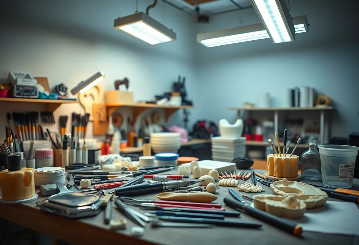 Espace de travail professionnel pour prothèse ongulaire, outils et matériaux, lumières douces du plafond