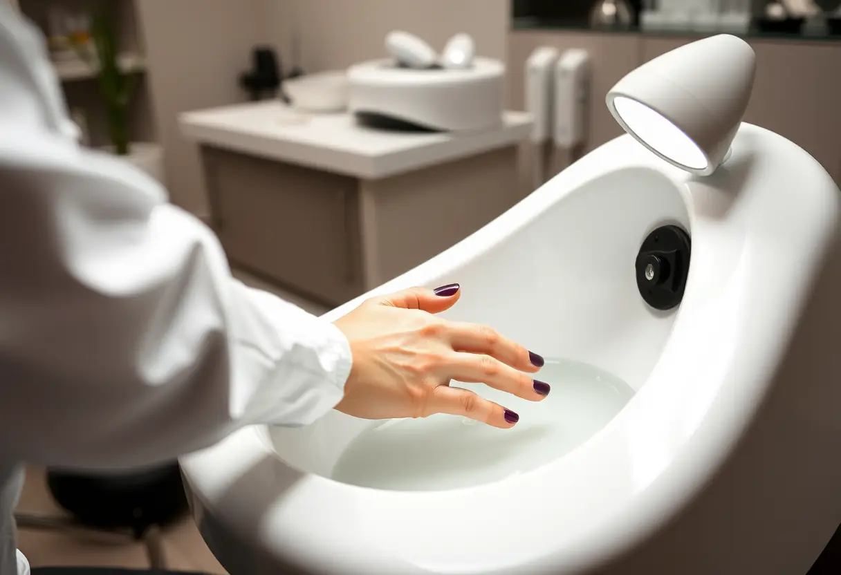 Un client a la main dans un bac d'acétone dans un salon de manucure professionnel pour retirer un vernis semi-permanent