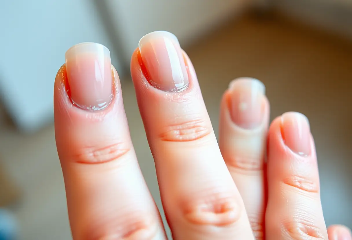 Main de cliente dans un salon de manucure, ongles partiellement dépolis, étape intermédiaire du processus de rémoval, technique douce recommandée