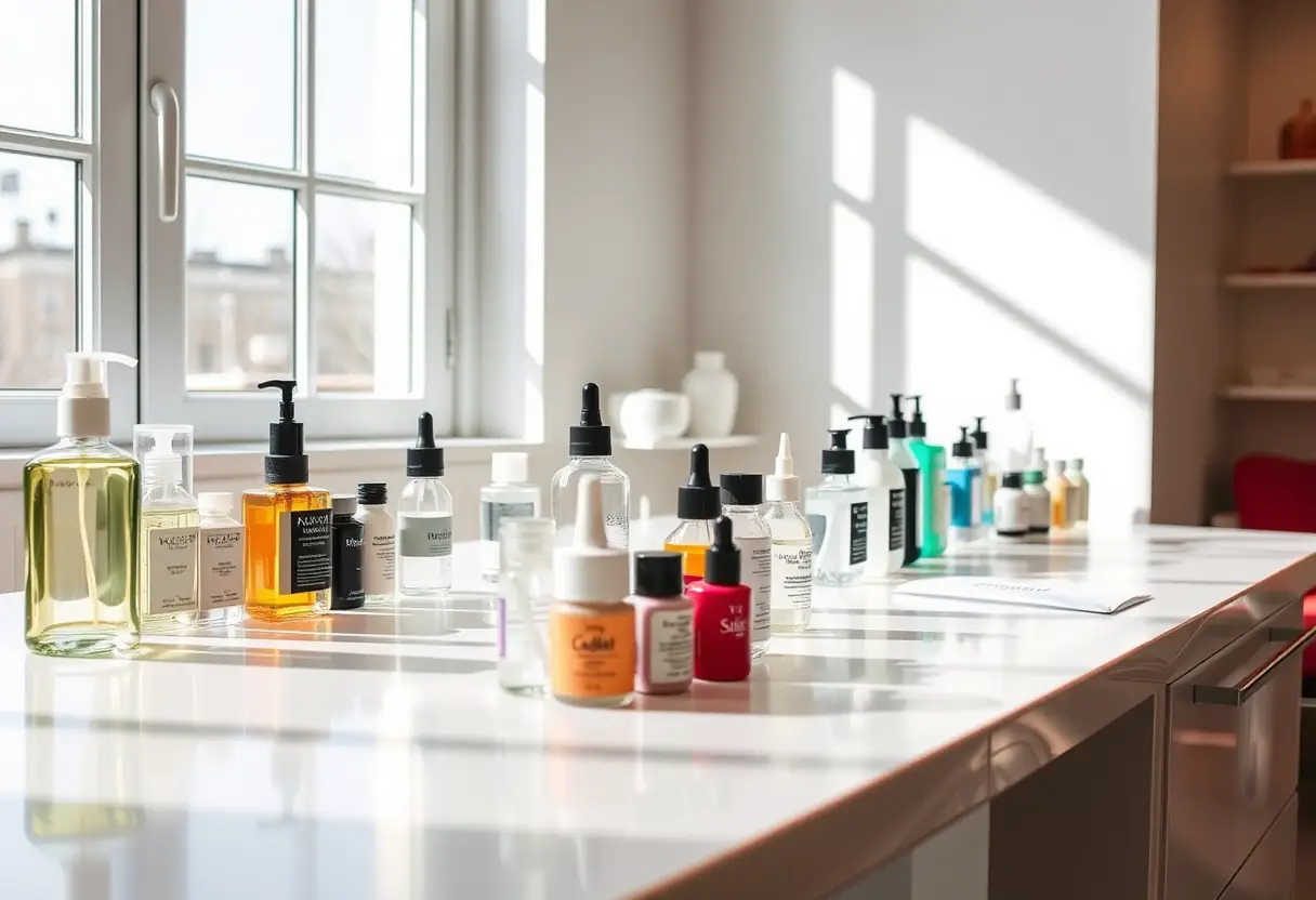 Un comptoir blanc avec des bouteilles de produits d'esthétique des ongles, salon de manucure