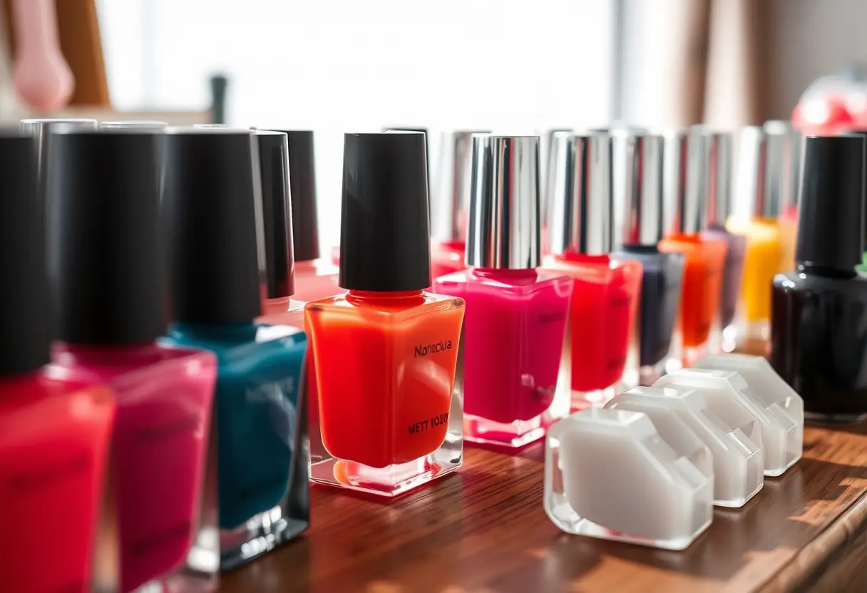 Bocal de vernis semi-permanents colorés sur un bureau de manucure