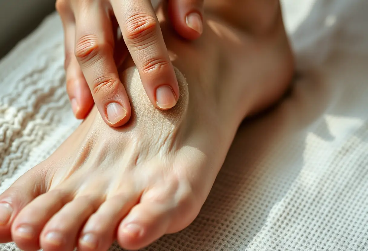 Pied en train d'être massé avec un galet ponçant, soin des pieds