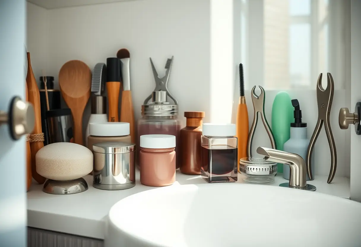 Armoire de salle de bain remplie d'outils de soins des pieds, pédicure professionnelle