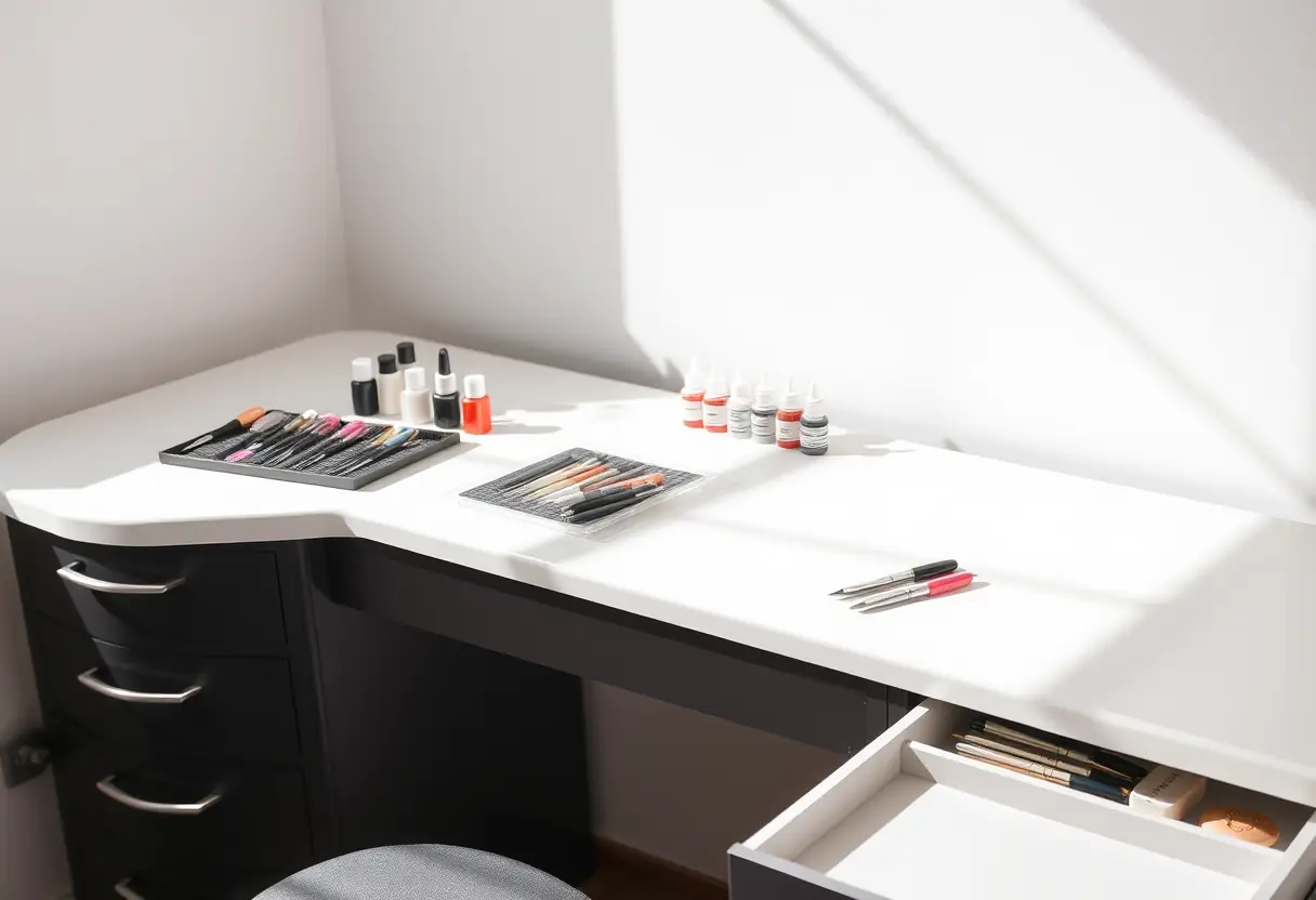 Un comptoir de manucure professionnel avec des outils de nail art bien organisés, Pont-Remy