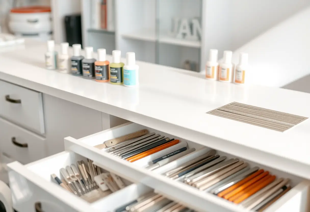 Un plan incluant le comptoir de manucure avec des bouteilles de gel et des lime à ongles organisées, Pont-Remy
