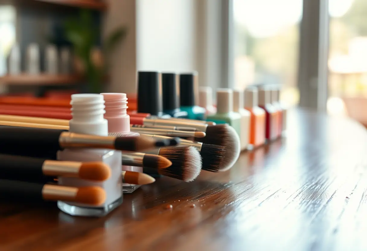 Brosses et bouteilles de vernis bien rangées dans un salon de nail art