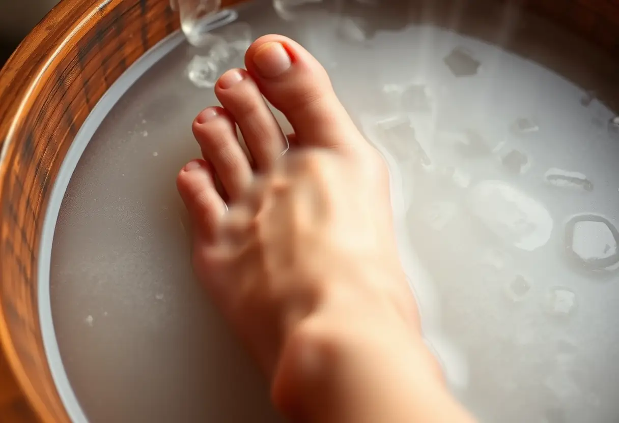Un pied trempé dans un baquet en bois pour une pédicure relaxante