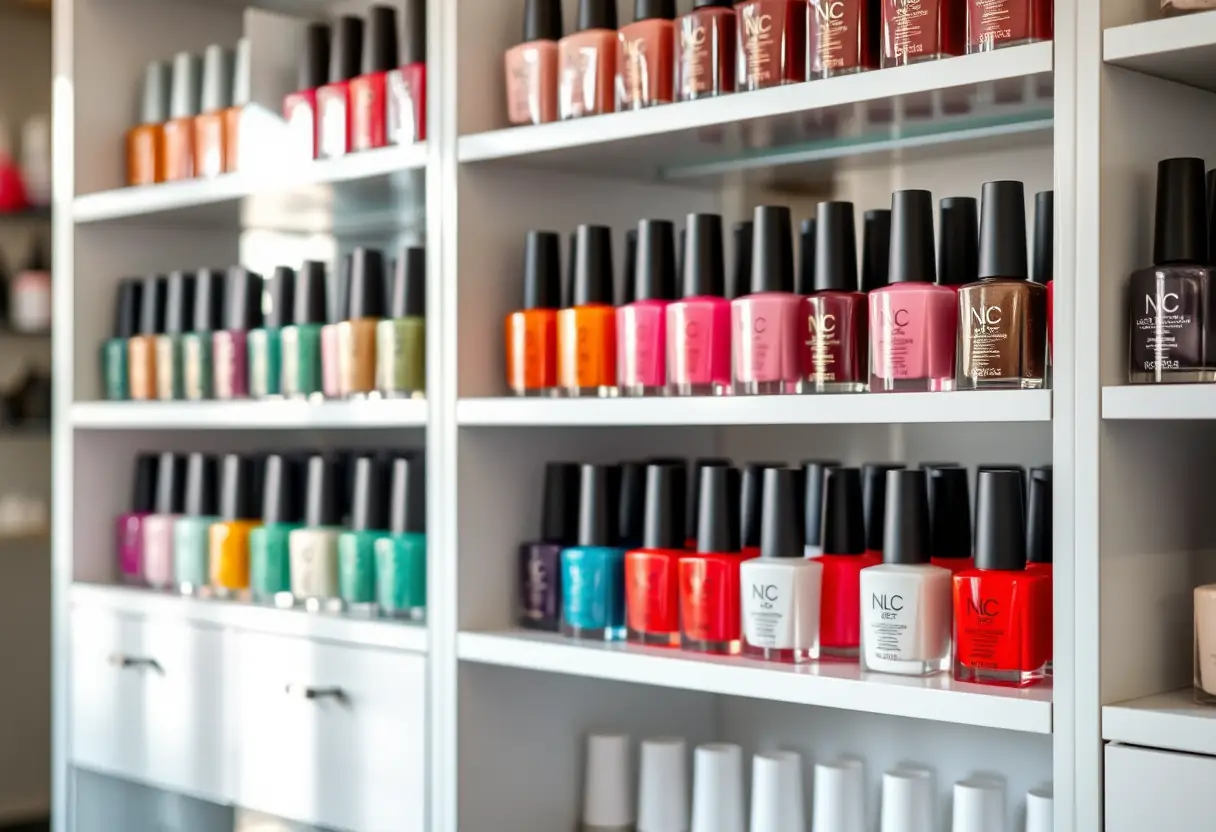 Sur une étagère dans un salon de manucure, des bouteilles de vernis à ongles de différentes couleurs sont alignées