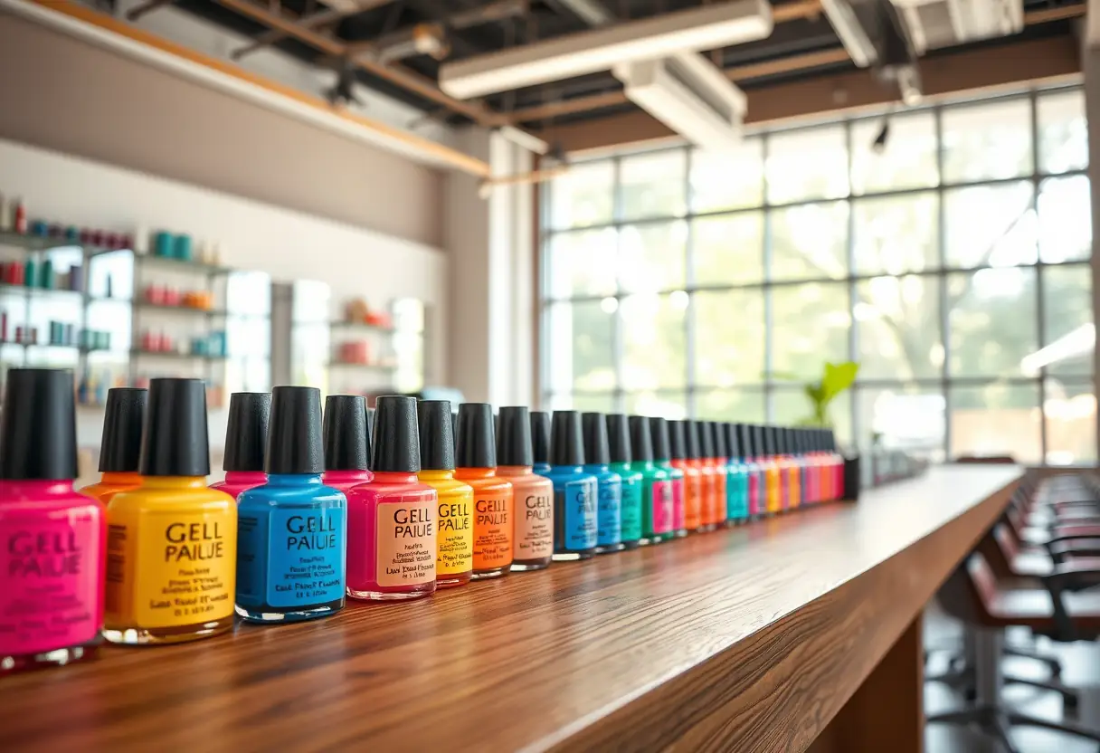 Bouteilles de vernis gel colorées dans un salon d'esthétique, diversité des teintes disponibles