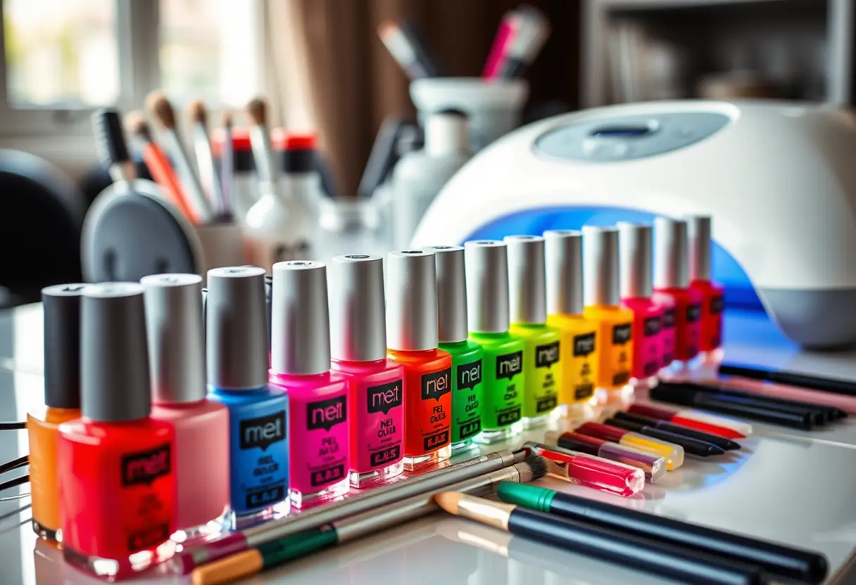 Un kit de manucure semi-permanent sur une table de salon, avec des bouteilles de vernis gel colorées, rangées en file nette