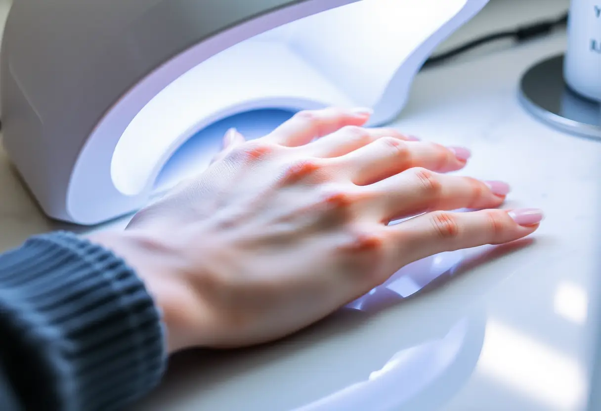 Main en train de sécher sous lampe UV dans un salon de manucure