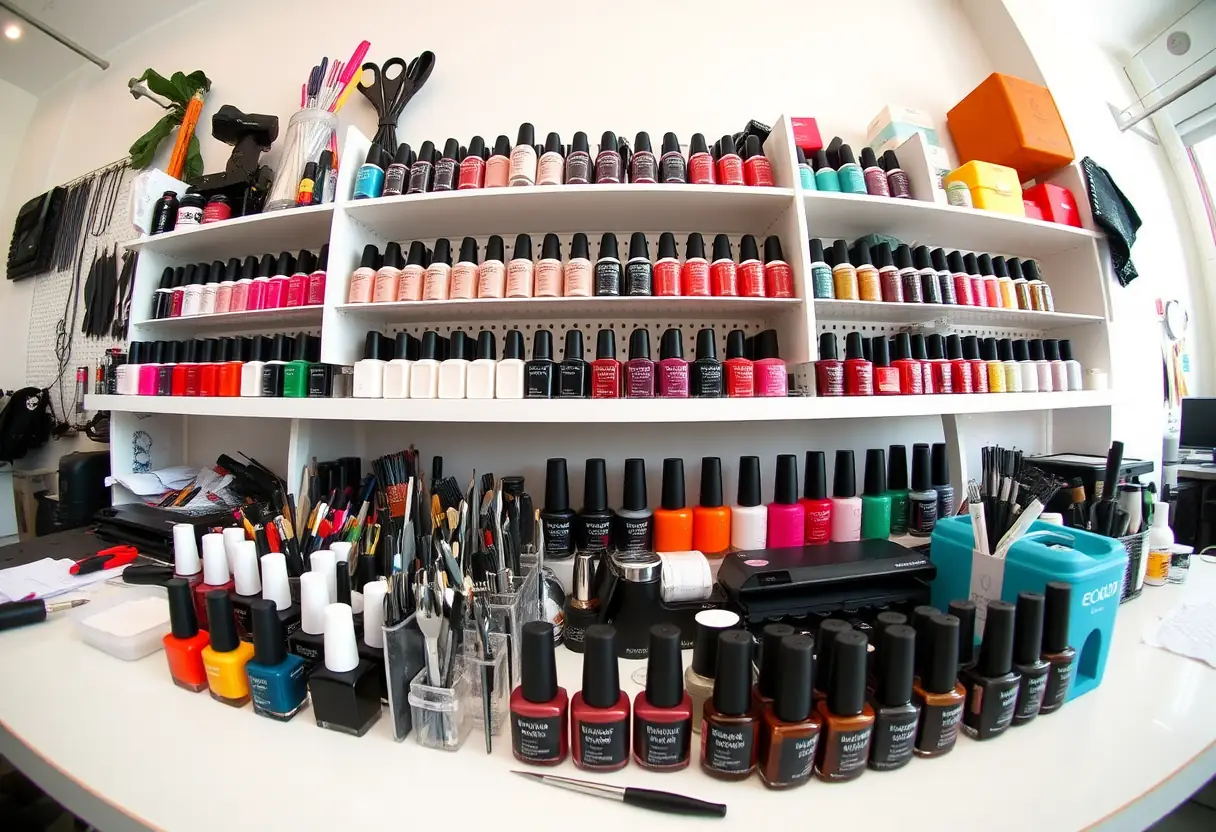 Station de travail organisée avec outils et pots de vernis de diverses couleurs, salon de manucure
