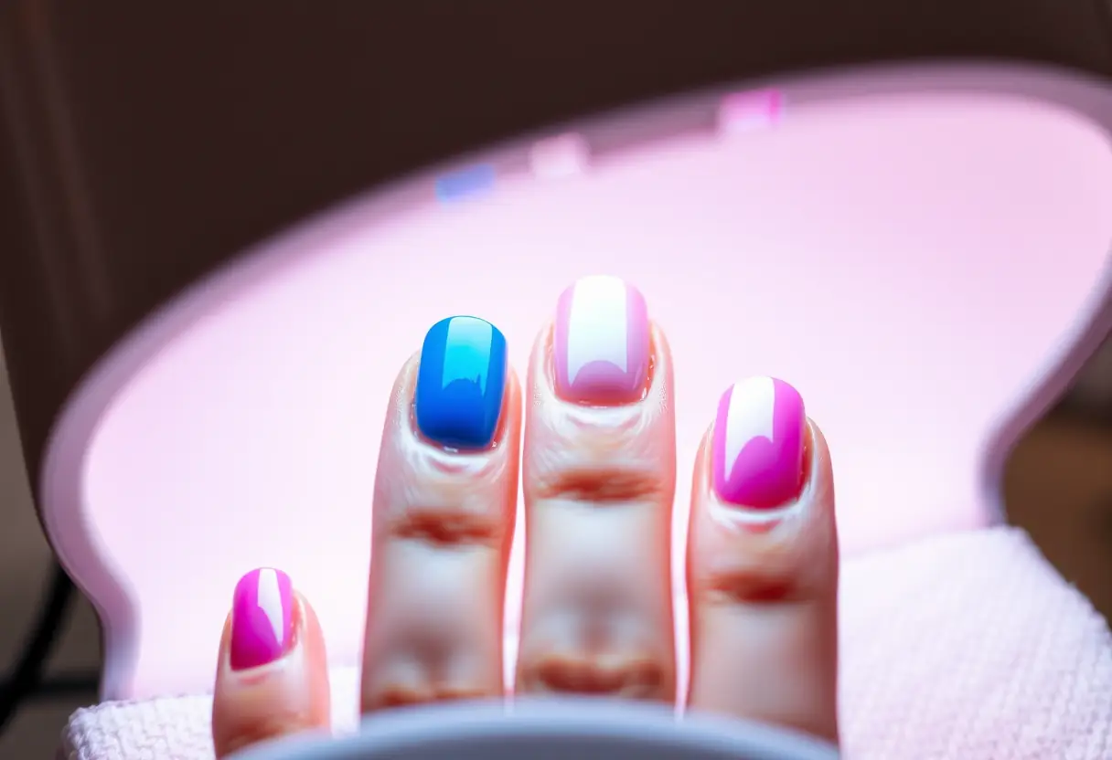 Vue rapprochée d'ongles gélifiés sous une lampe UV, finition brillante et couleurs vives