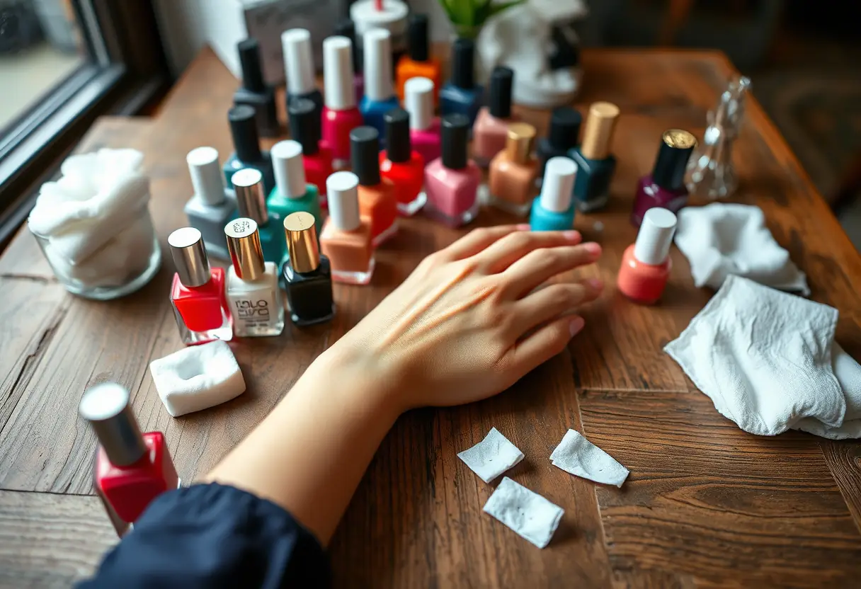 Main sur une table avec des bouteilles de vernis et des cotons, attente du traitement