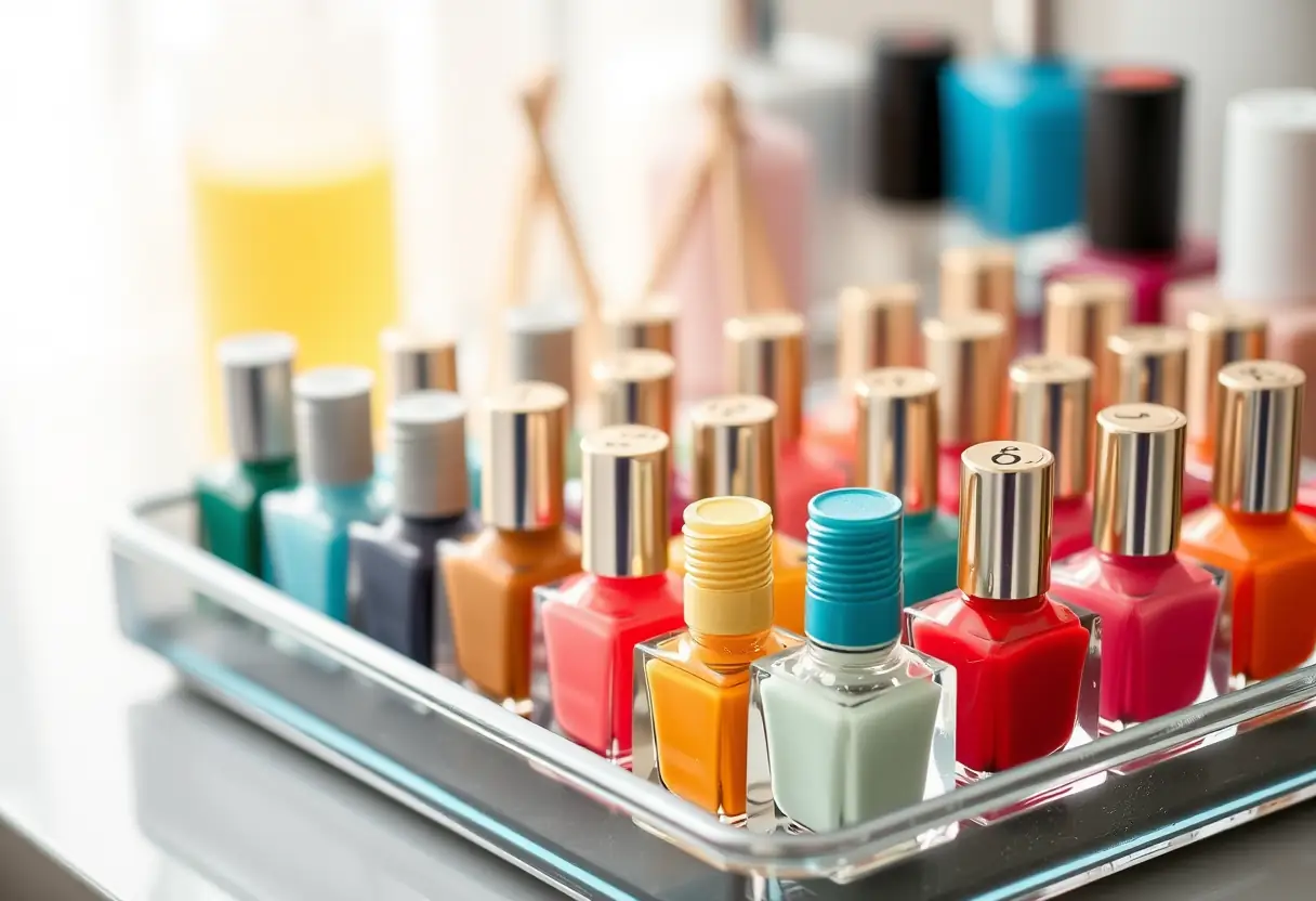 Un comptoir de manucure avec des bouteilles de polishes de différentes couleurs