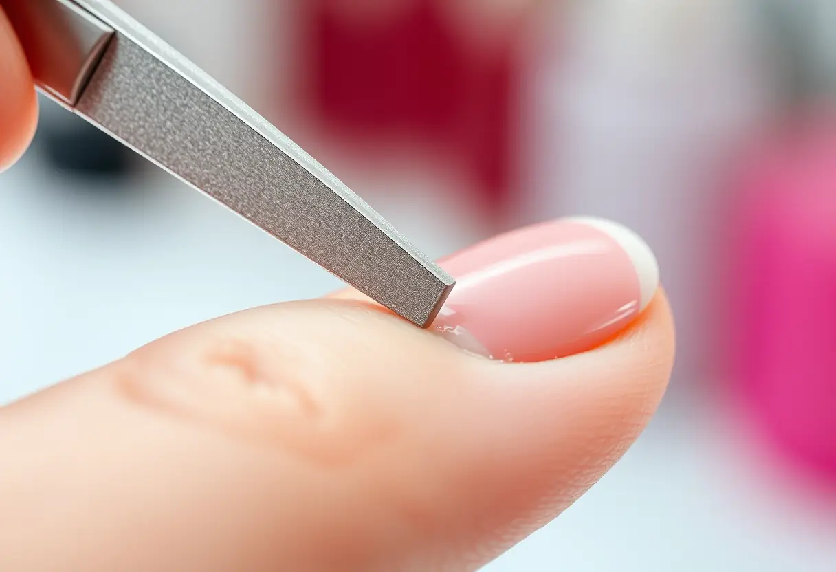 Un couteau à ongles frottant délicatement un ongle acrylique dans un salon de beauté