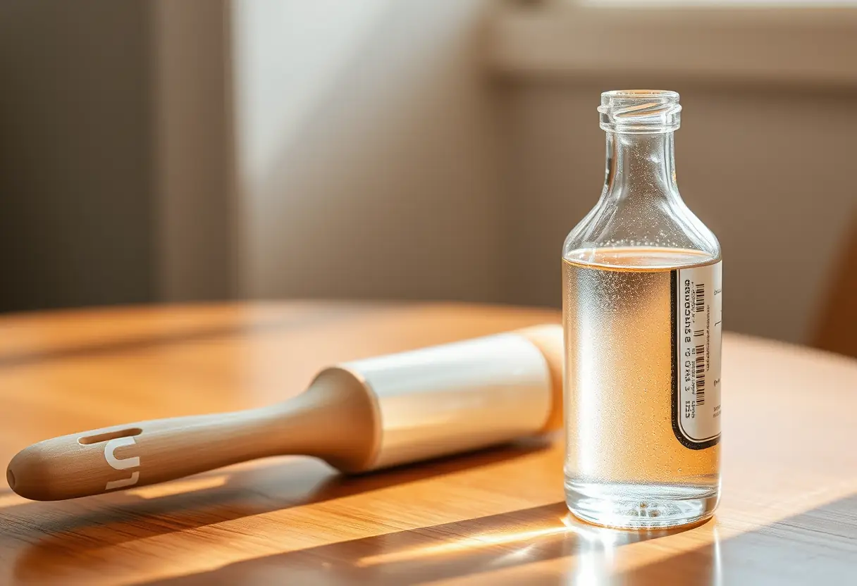 Un bocal transparent avec un liquide clair et un pinceau sur une table en bois poli