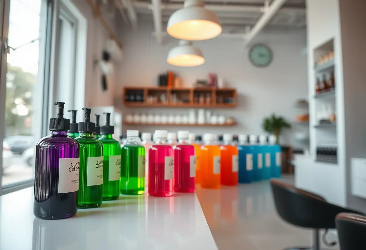 Un salon bien éclairé avec des bouteilles de vernis de différentes couleurs sur une étagère