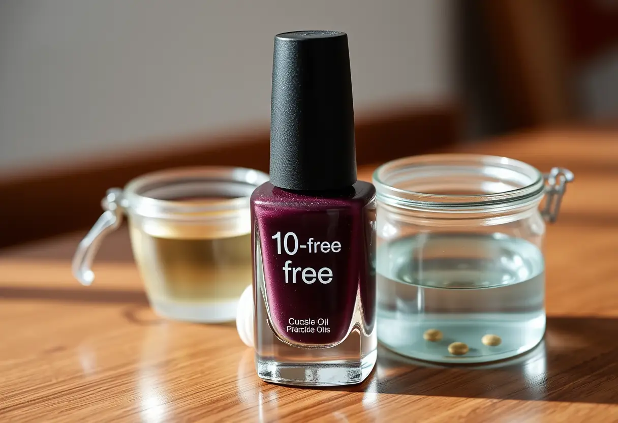Bouteille de vernis à ongles "10-free" et pot d'huile de coupelle sur une table en bois