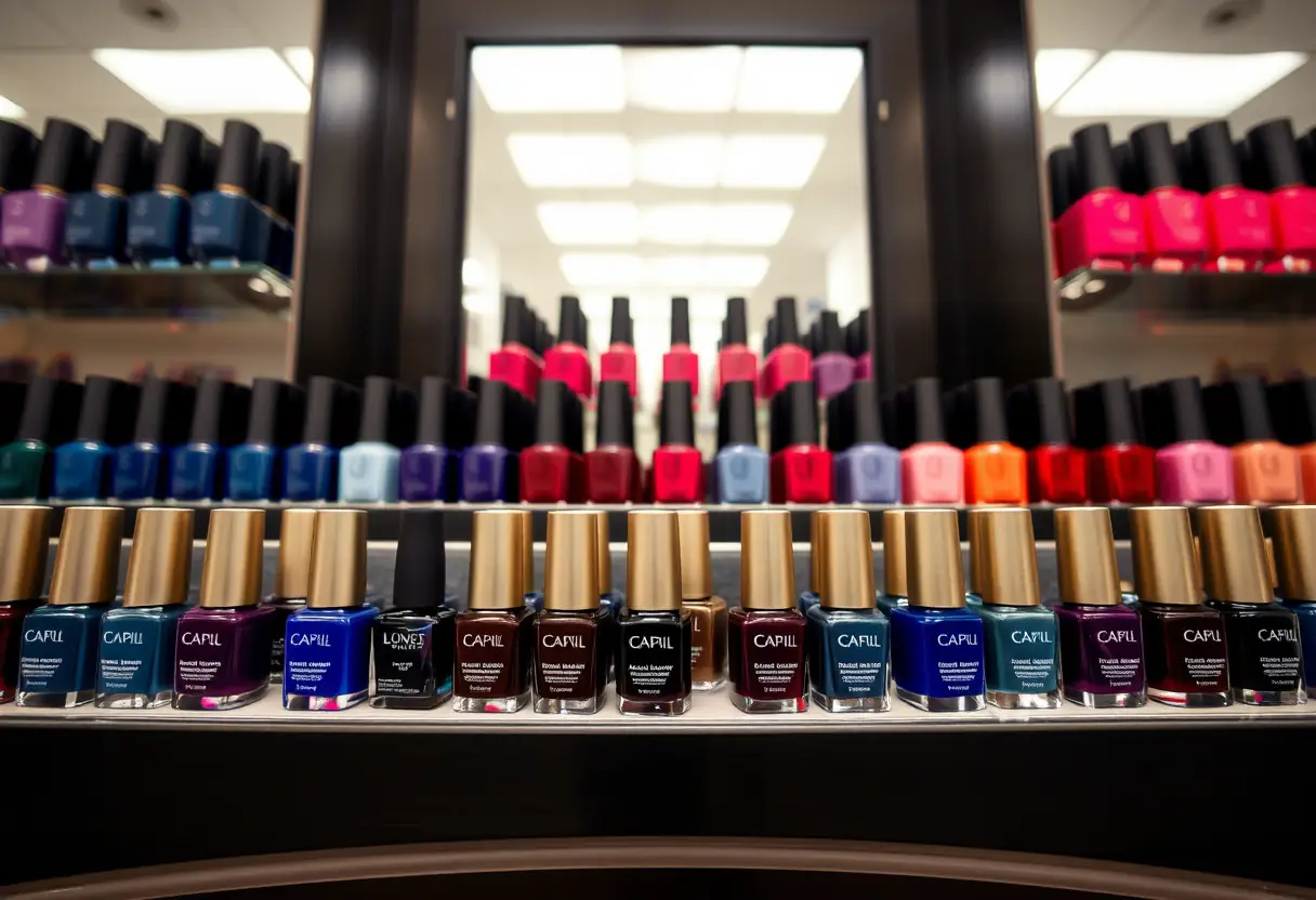 Vue large d'un salon de nail art avec des bouteilles de vernis sur une étagère, notamment du vernis indigo profond