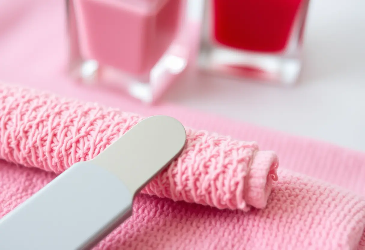 Outils de manucure posés sur un linge, évoquant la préparation minutieuse pour un résultat professionnel