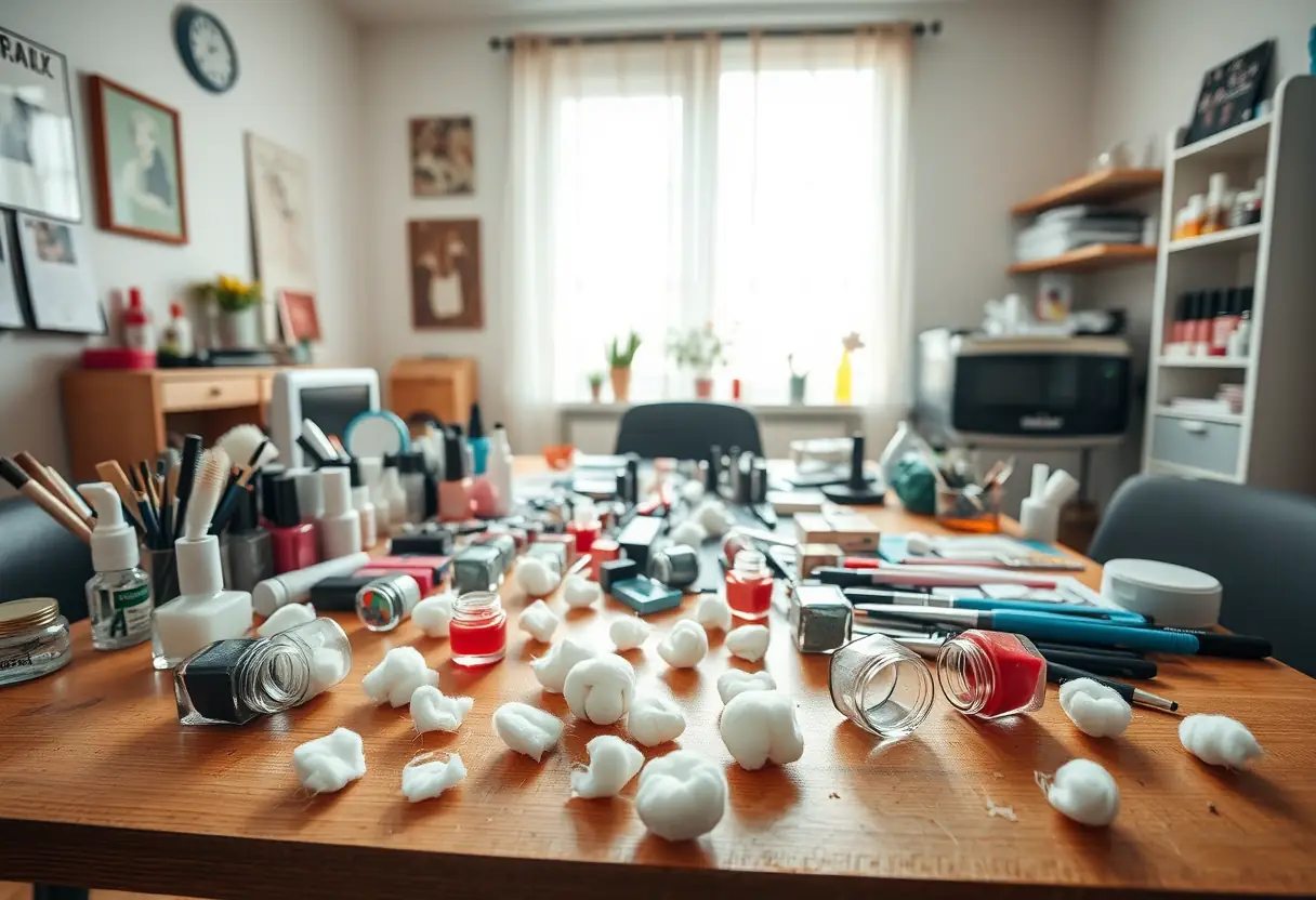 Atelier de manucure à la maison, avec divers produits de soins des ongles, mettant en lumière les erreurs à éviter