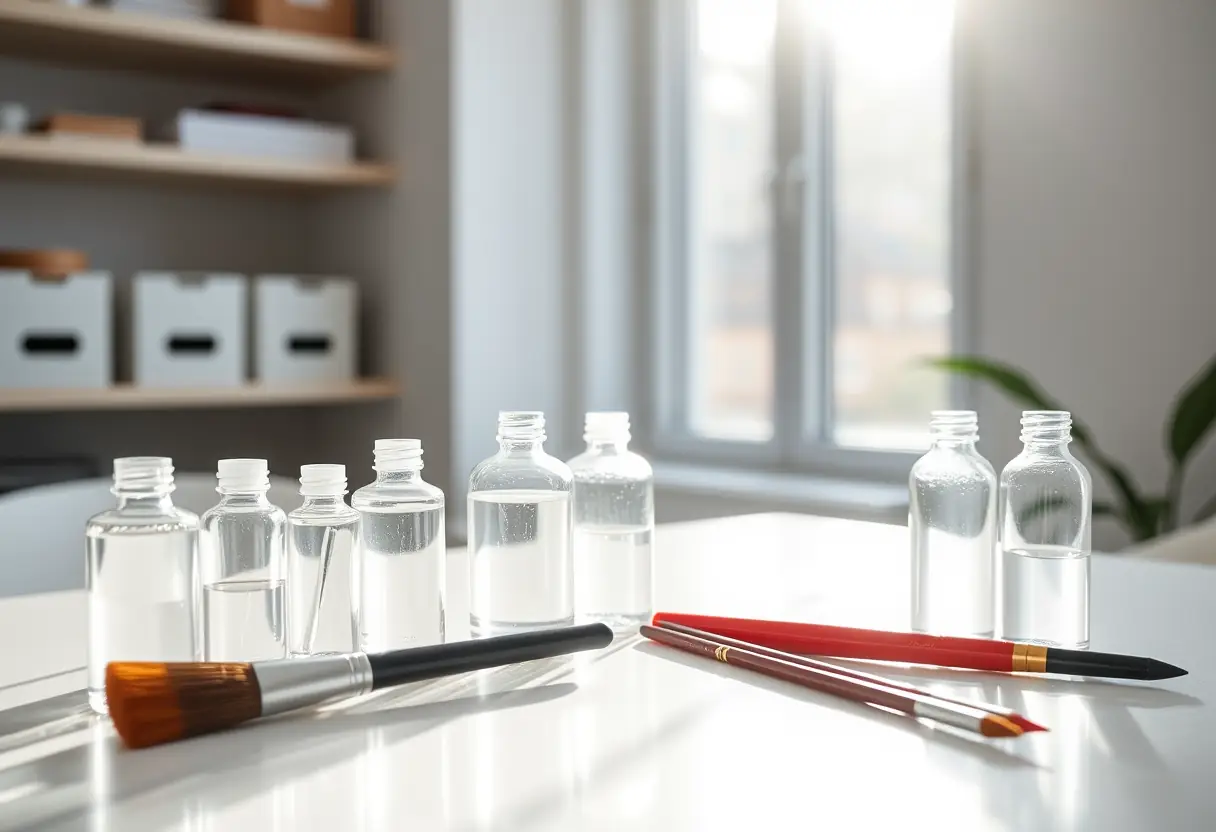 Bouteilles d'acrylique et pinceaux bien organisés dans un salon professionnel