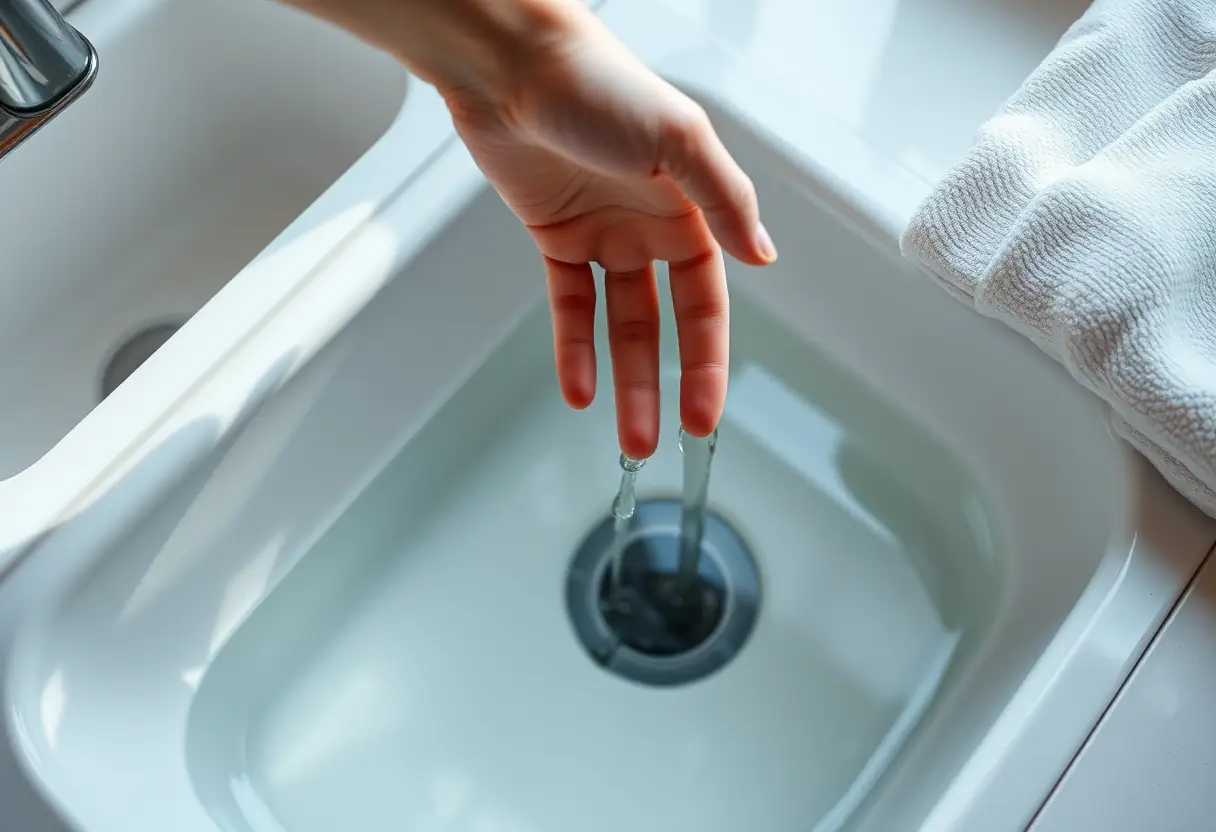 Main tendant vers un lavabo avec eau tiède et linges propres, lumière naturelle
